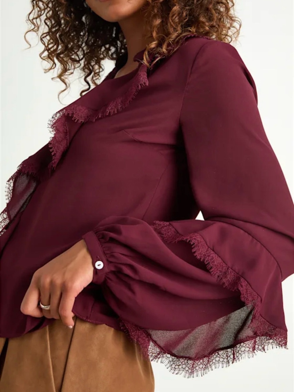 Lulus Jess Top Sz L Burgundy Ruffled Lace Boho Office Romantic Date Night NWT - Picture 3 of 10